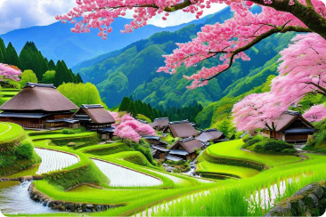 棚田と茅葺き屋根の集落が織りなす伝統的な農村景観