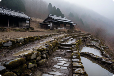 荒廃が進む棚田と使われなくなった古民家が並ぶ過疎地域の風景