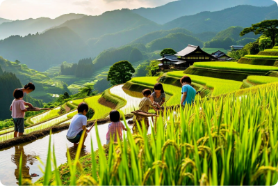 棚田で保全活動に参加する人たちと伝統的な農村の景観