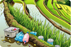 棚田の畦道に放置されたゴミの画像