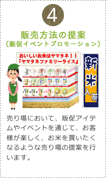 [④販売方法の提案（販促イベントプロモーション）]売り場において、販促アイテムやイベントを通じて、お客様が楽しく、お米を買いたくなるような売り場の提案を行います。